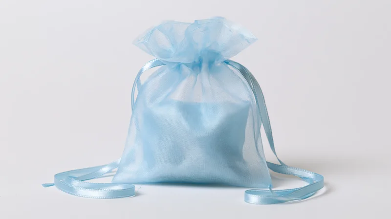 Light blue organza drawstring gift bag standing upright on white background