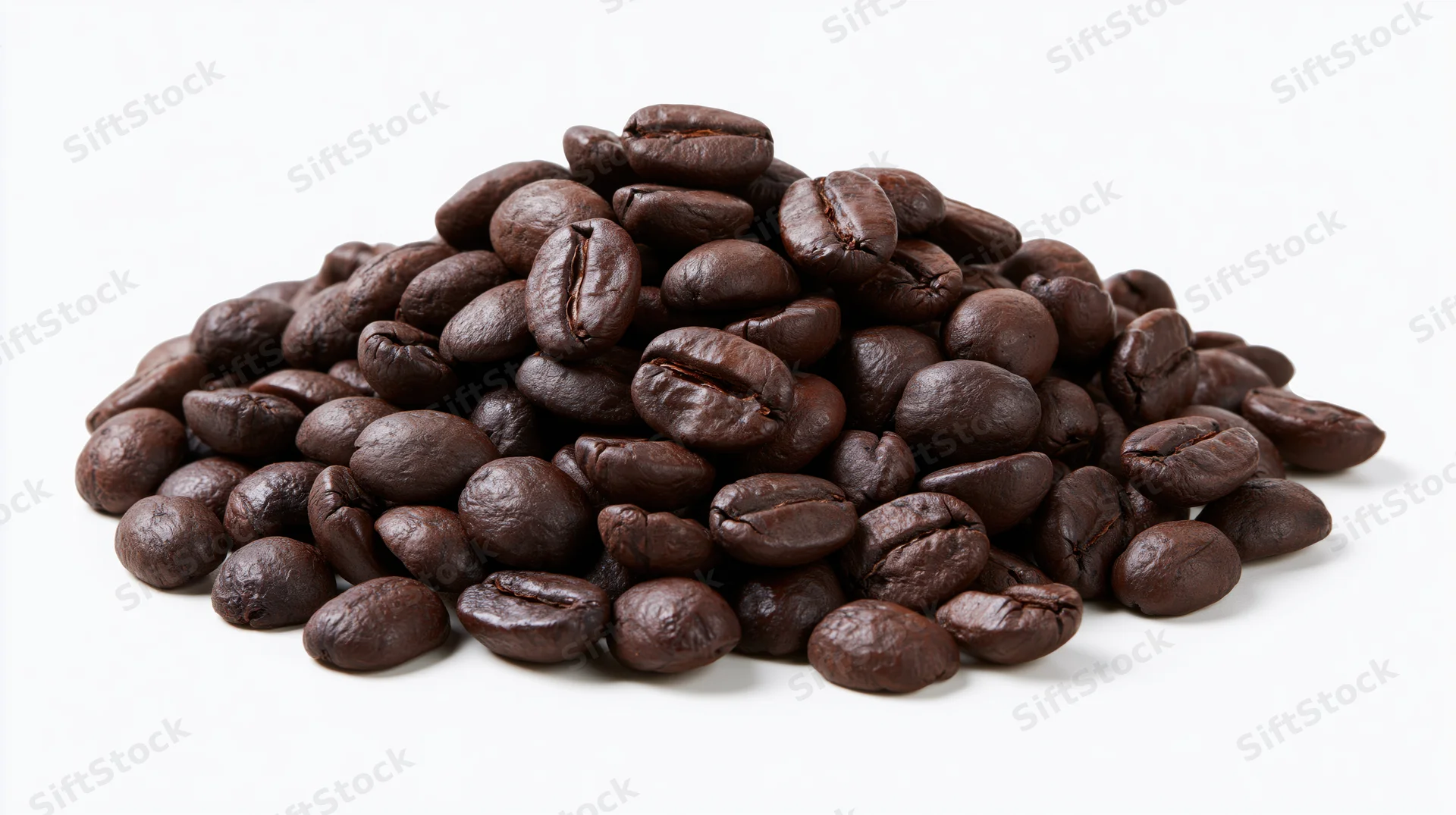 Small loose pile of dark roasted coffee beans heaped together on white background