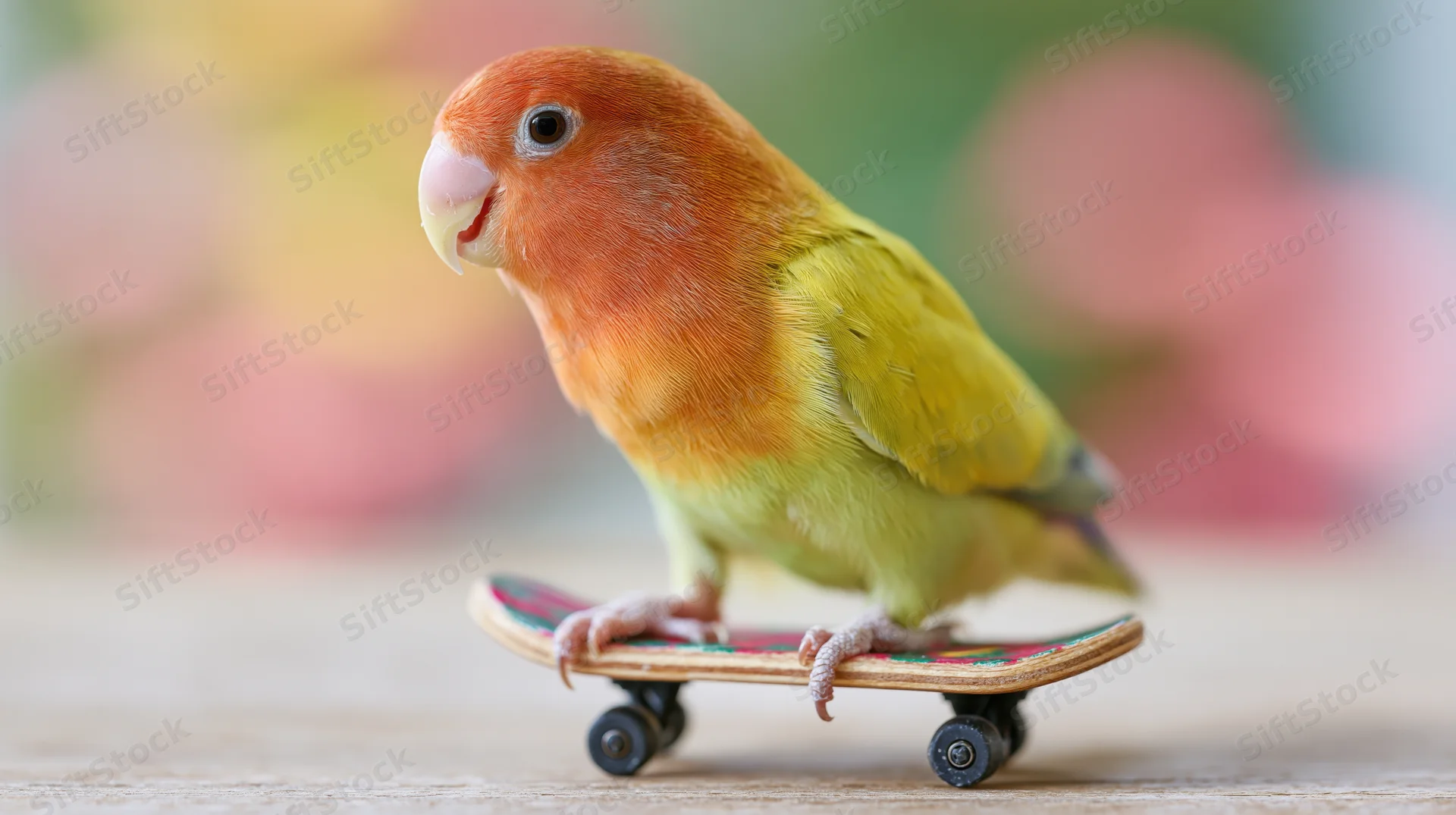 Lovebird standing on a miniature skateboard on a wooden surface