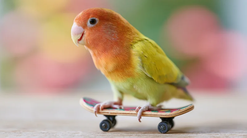 Lovebird standing on a miniature skateboard on a wooden surface