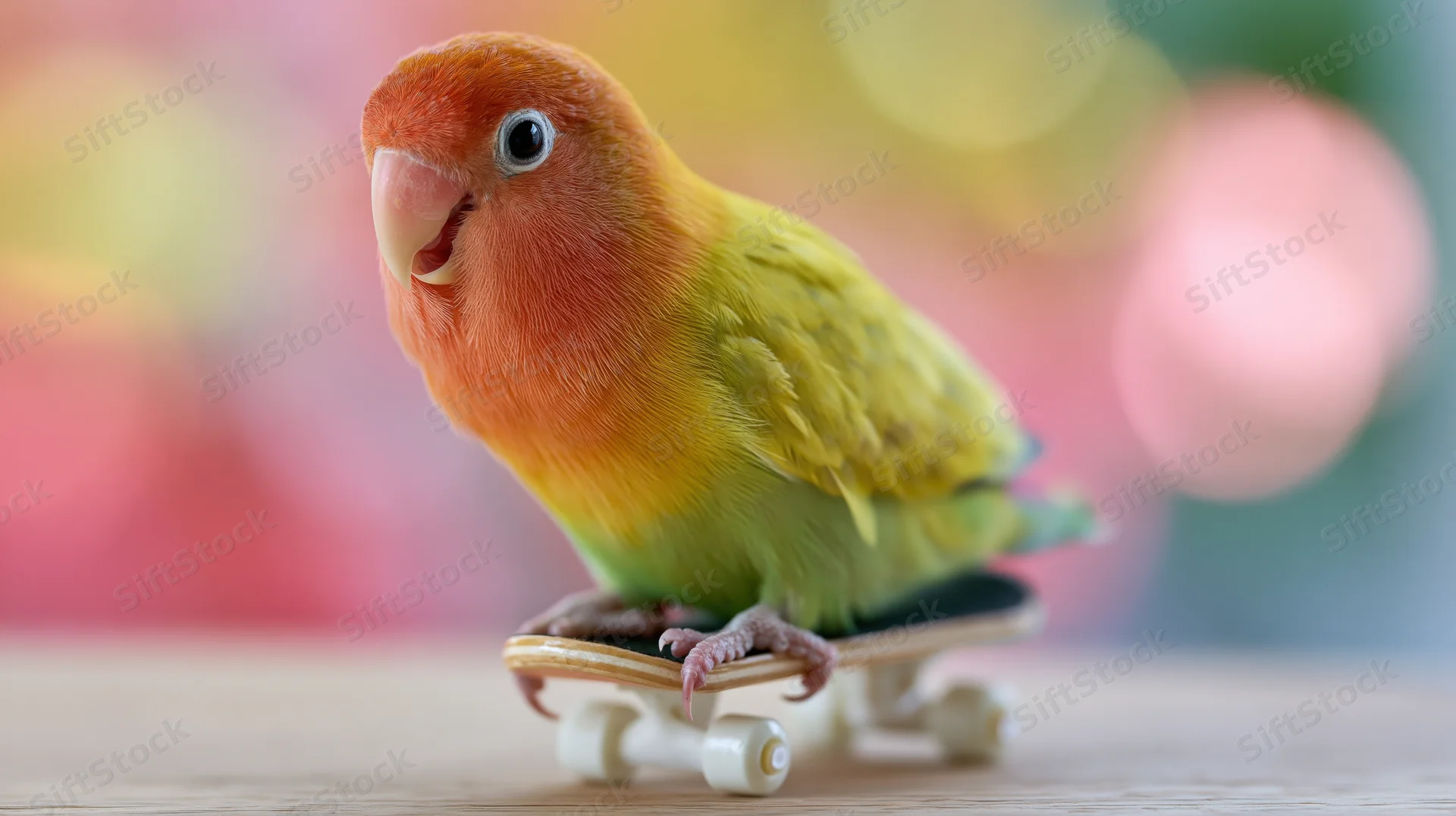 Lovebird perched on a miniature skateboard on a wooden table