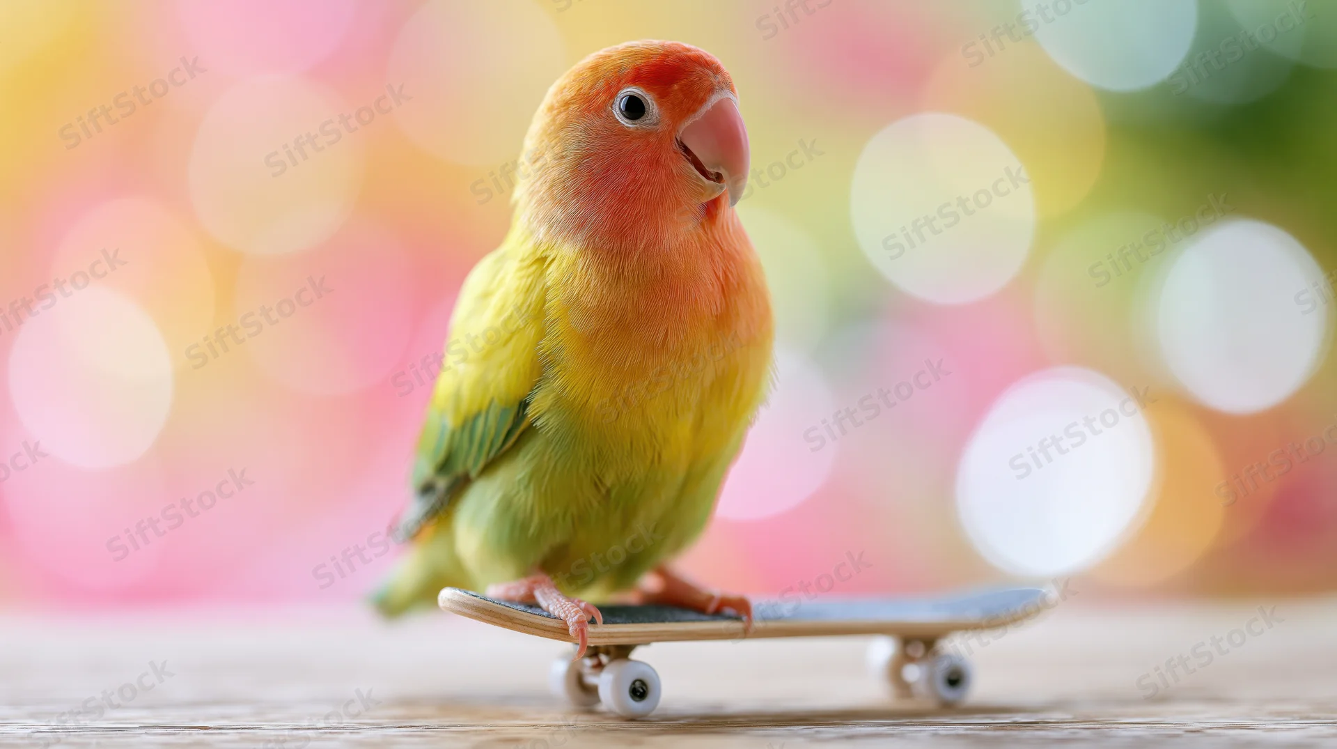 Lovebird perched on a miniature skateboard on a wooden surface with colorful bokeh background