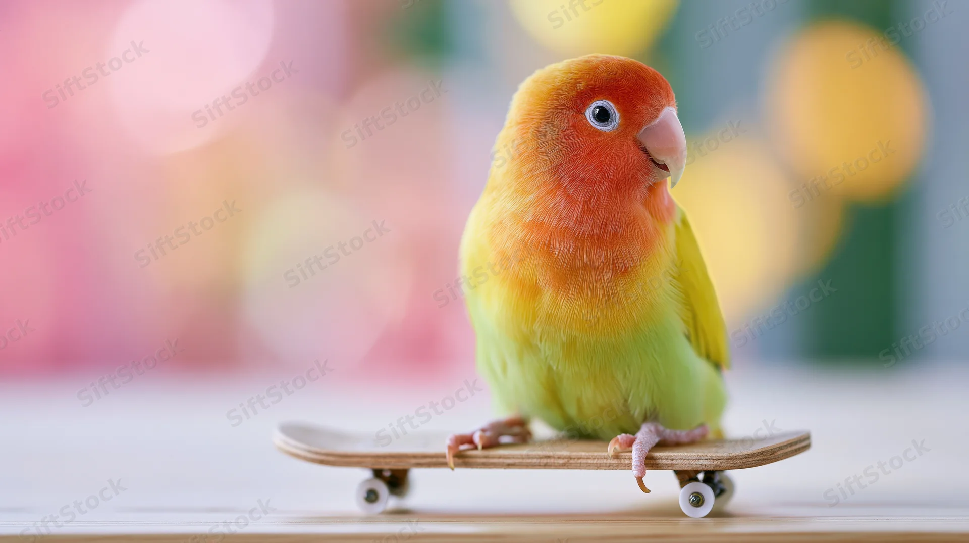 Lovebird perched on a miniature skateboard on a wooden table