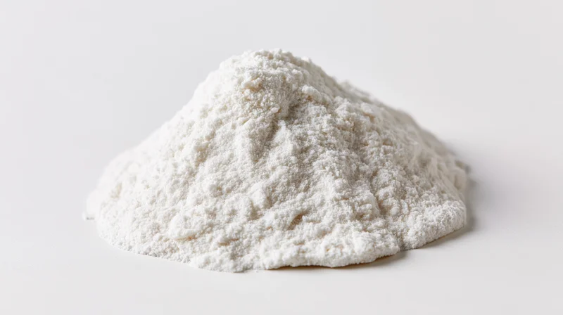 Mound of fine white flour on a plain white surface