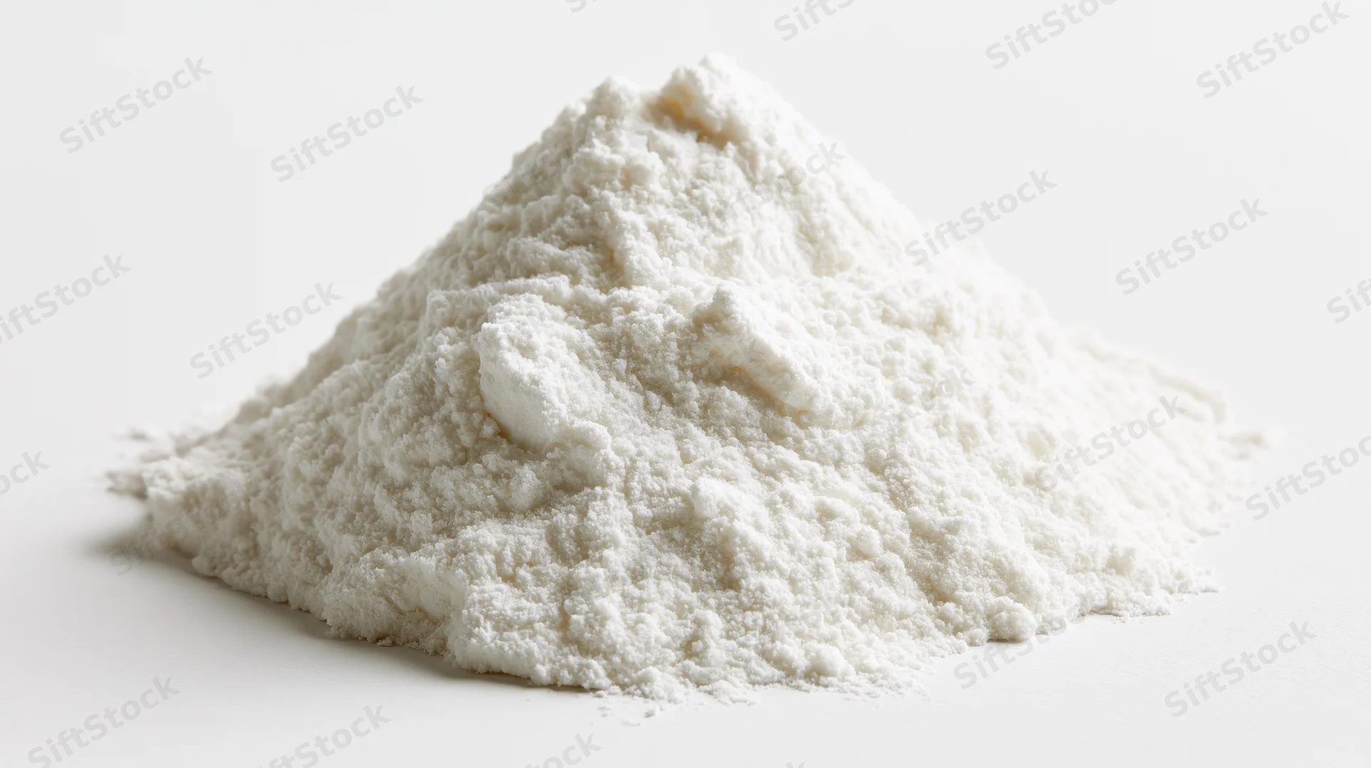 Mound of fine white flour on a plain white surface