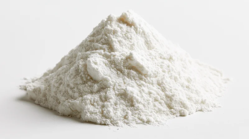 Mound of fine white flour on a plain white surface