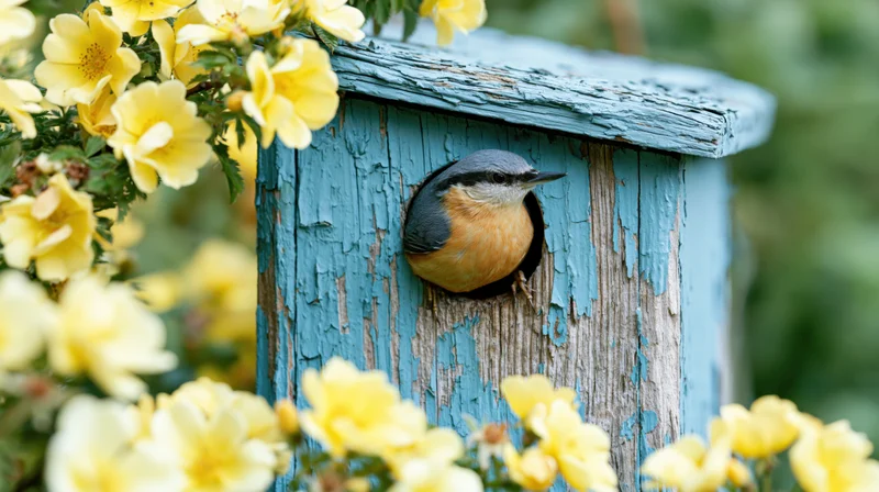 Nuthatch peering from entrance hole of blue wooden birdhouse surrounded by yellow flowers in garden