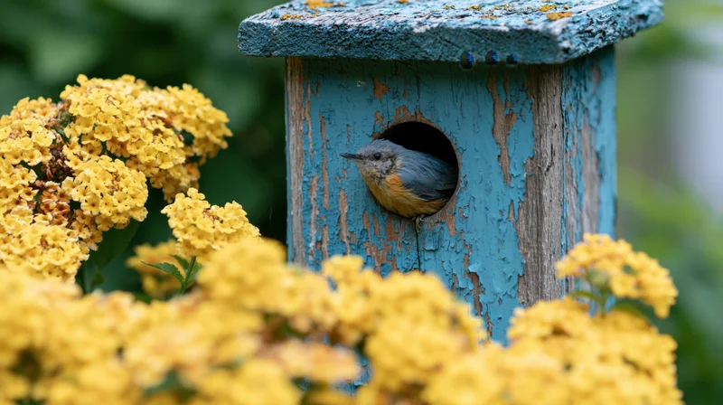 Small nuthatch peeking from circular entrance of blue weathered birdhouse surrounded by yellow flowers in garden
