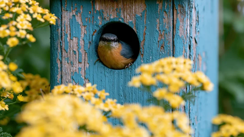 Nuthatch peeking from circular entrance of blue wooden birdhouse surrounded by yellow flowers in garden