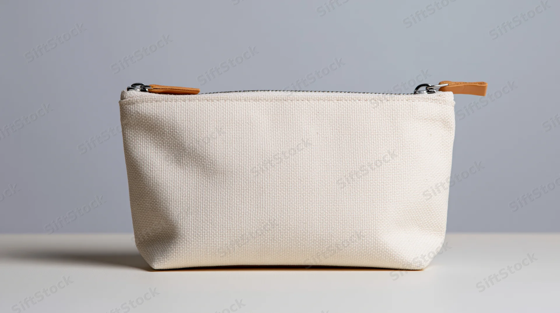 Off-white canvas zipper pouch sitting upright on a white surface against a gray background