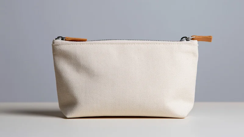Off-white canvas zipper pouch sitting upright on a white surface against a gray background