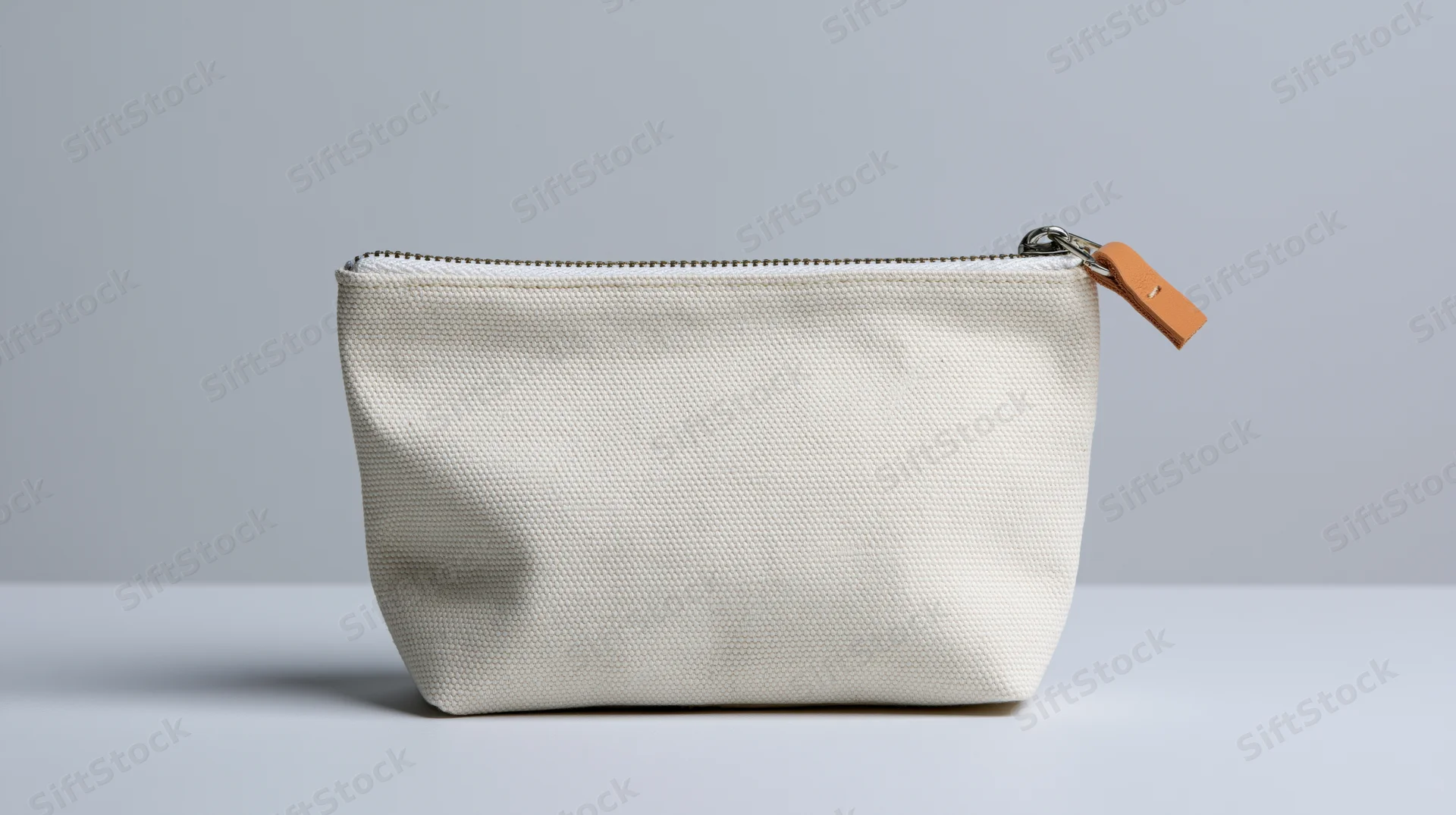 Off-white canvas zipper pouch standing upright on a plain surface