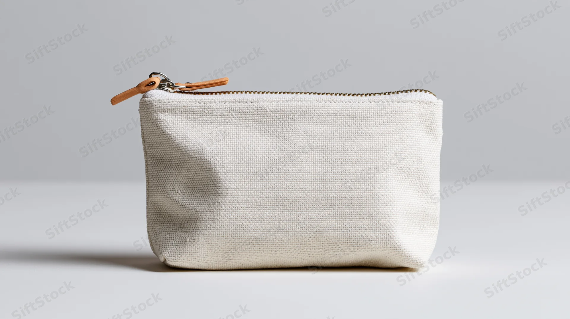 Small off-white canvas zipper pouch standing upright on a white surface