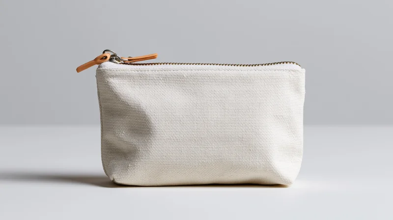 Small off-white canvas zipper pouch standing upright on a white surface
