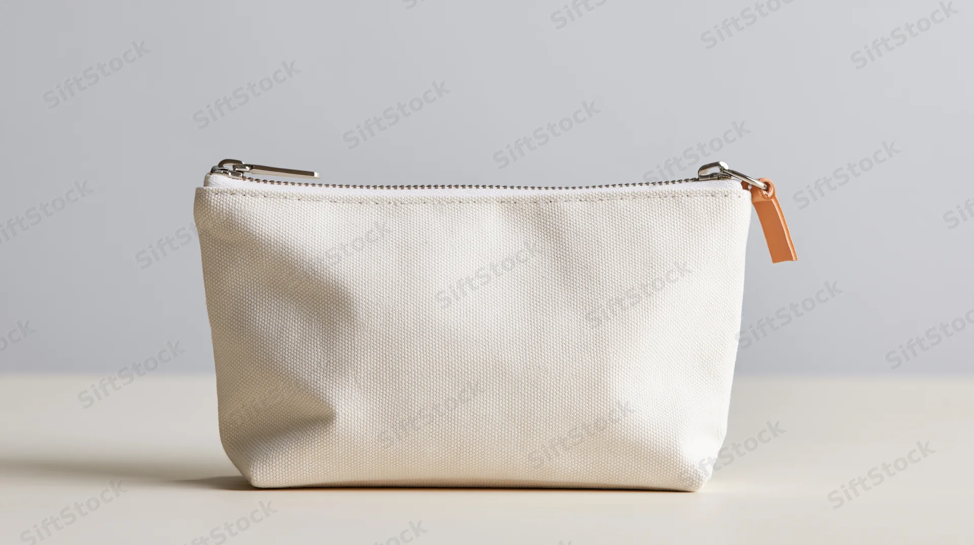 Off-white canvas zipper pouch sitting upright on a plain surface