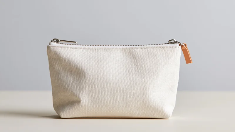 Off-white canvas zipper pouch sitting upright on a plain surface