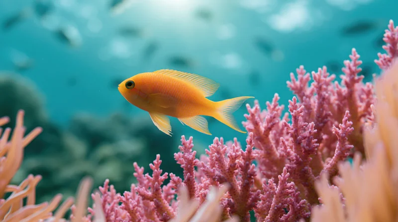 Orange fish swimming among pink coral in underwater reef scene