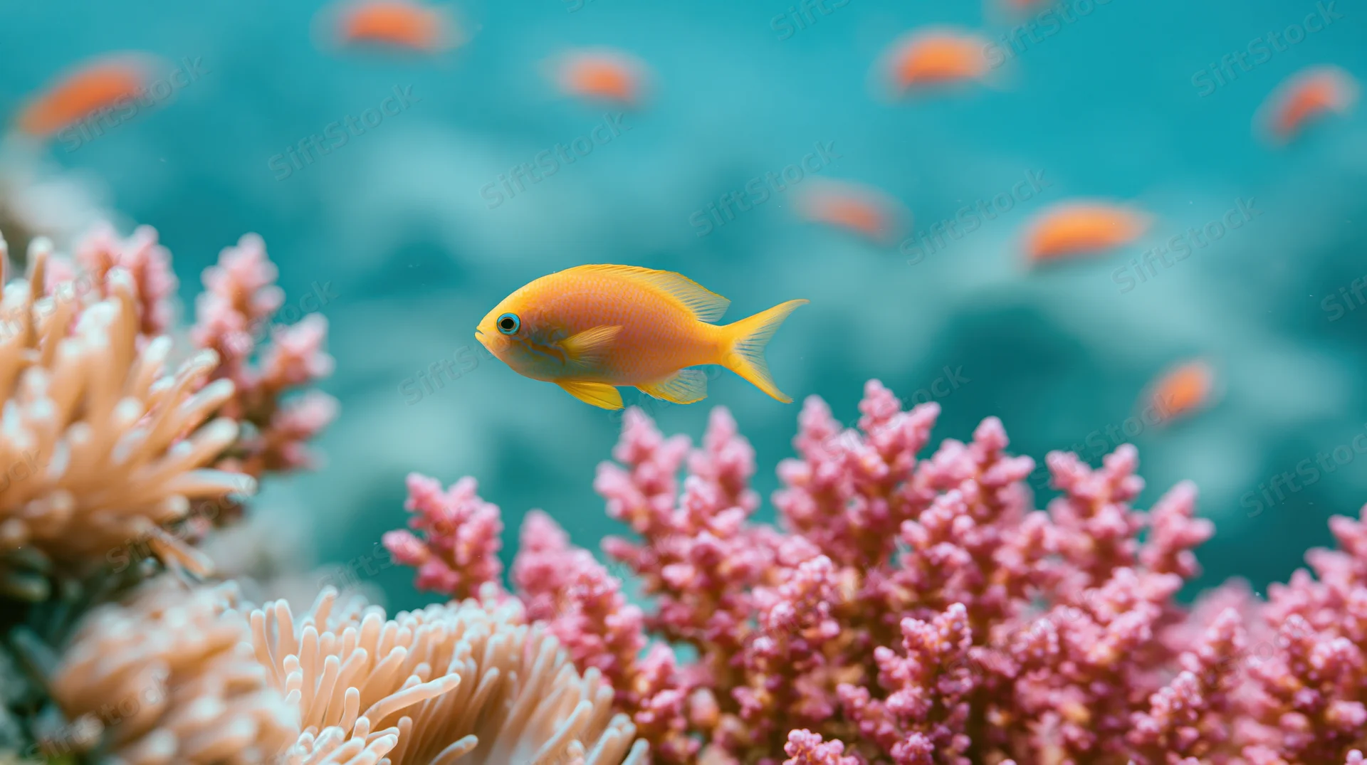 Orange-yellow reef fish swimming among pink coral in underwater marine environment