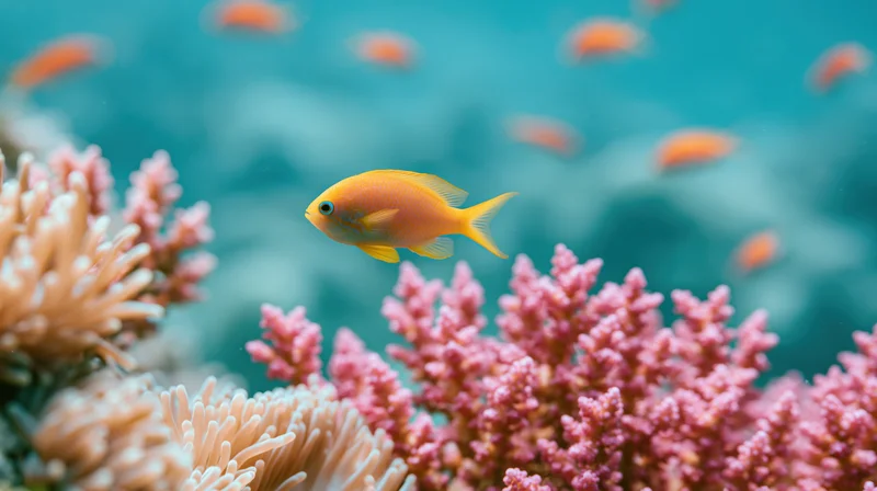 Orange-yellow reef fish swimming among pink coral in underwater marine environment
