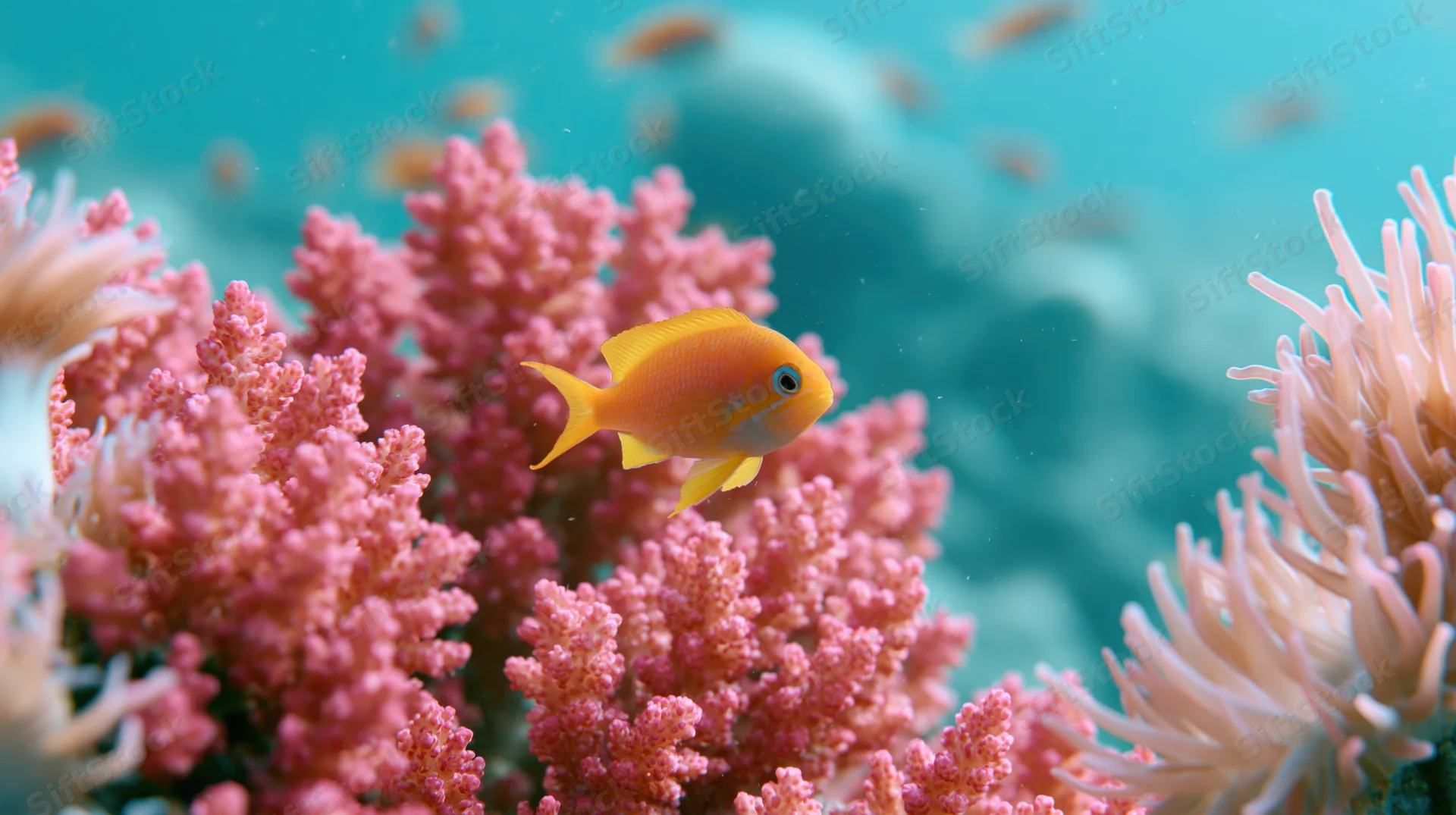 Small orange-yellow fish swimming among pink coral and anemones underwater
