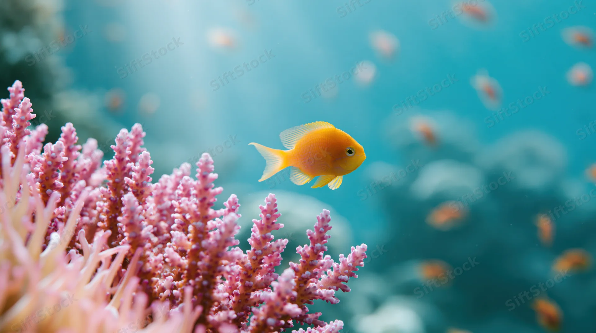 Small orange-yellow fish swimming midwater near pink coral in a tropical reef environment