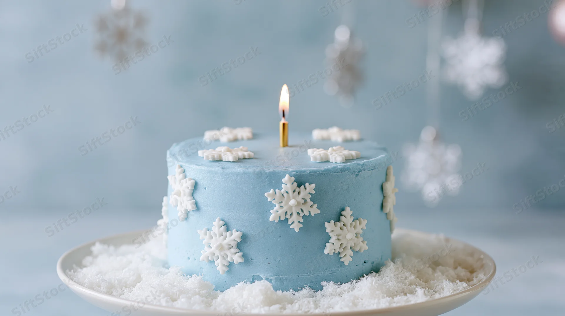 Pale blue fondant cake with white snowflake decorations and a lit candle on a plate surrounded by artificial snow