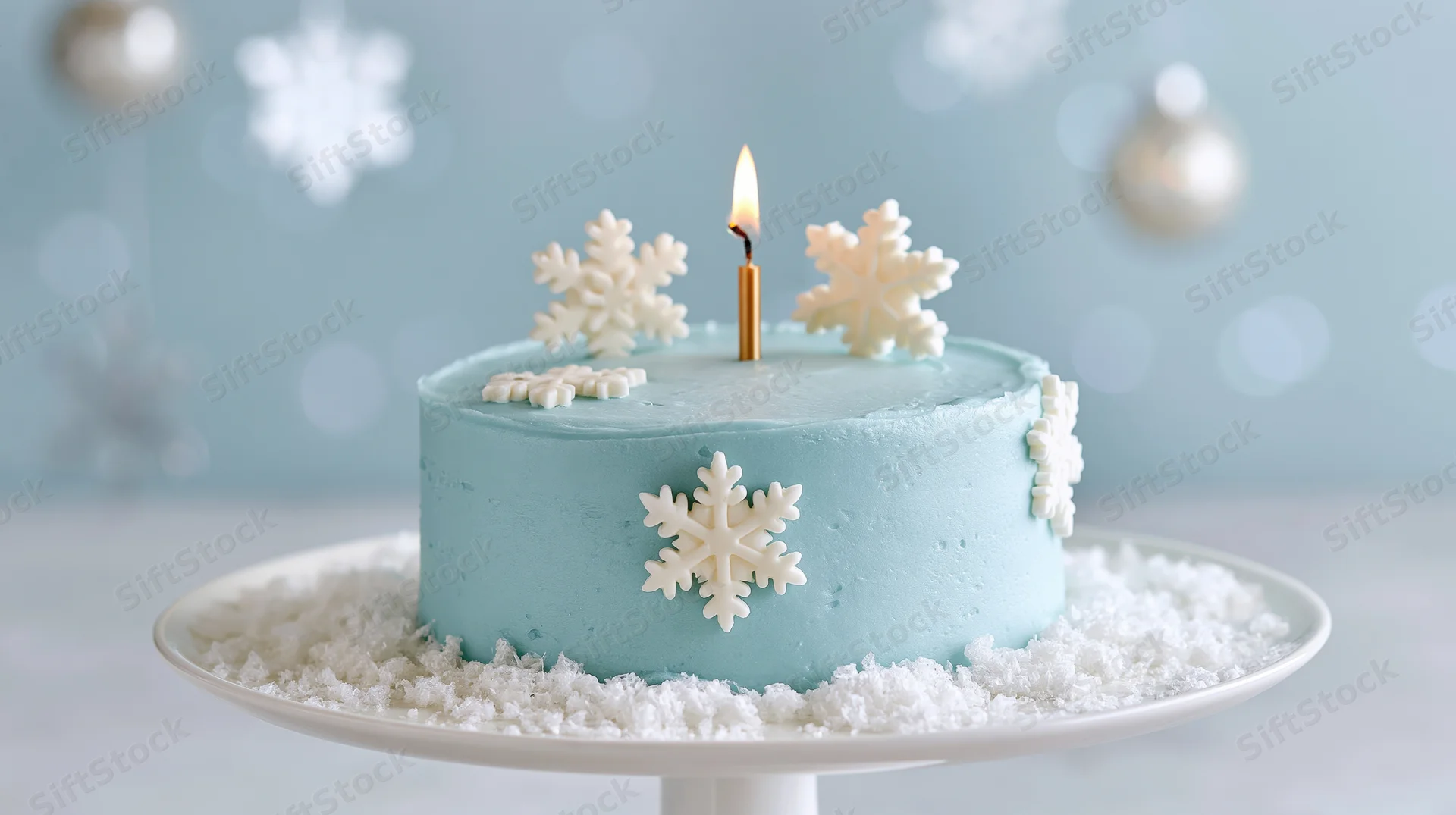 Small pale blue fondant cake decorated with white snowflakes and a lit candle on a plate with faux snow, set against a blurred holiday background