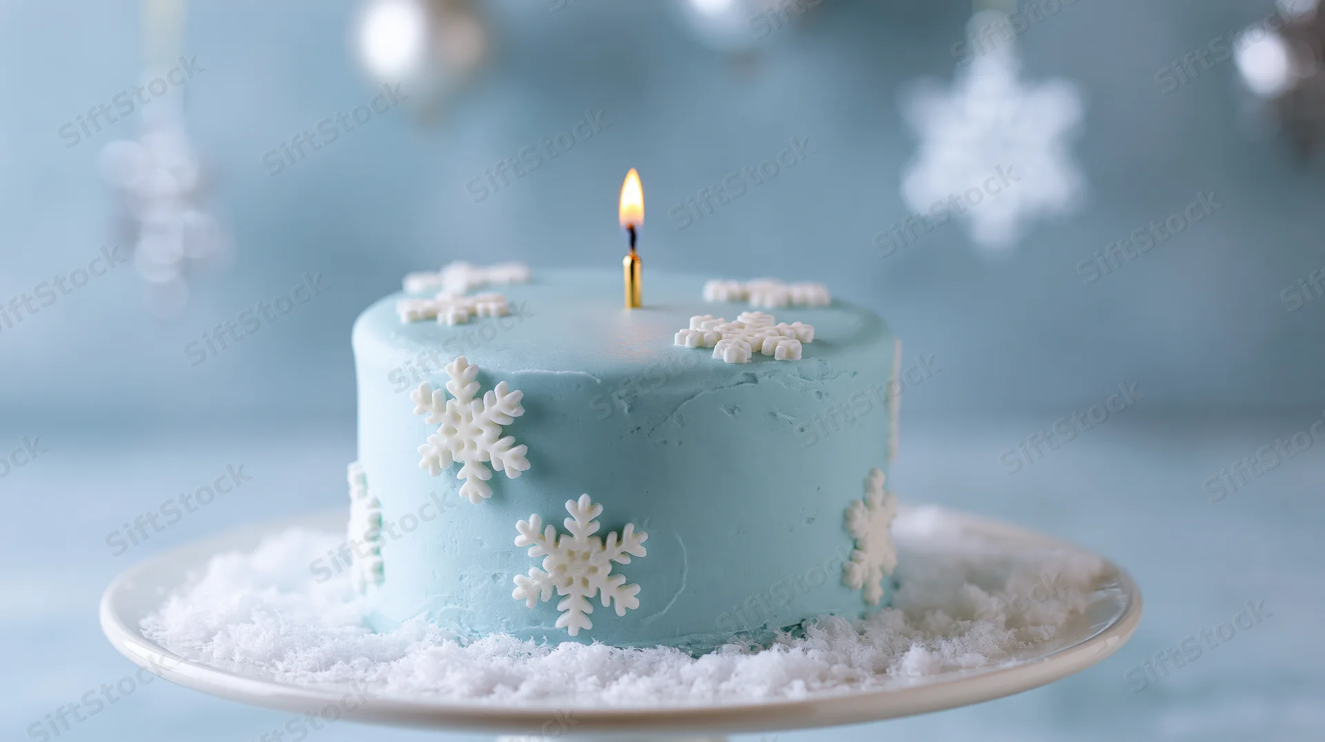 Small pale blue fondant cake decorated with white snowflakes and a lit candle on a plate with snow, set against a blurred winter holiday background