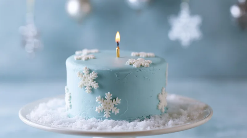 Small pale blue fondant cake decorated with white snowflakes and a lit candle on a plate with snow, set against a blurred winter holiday background