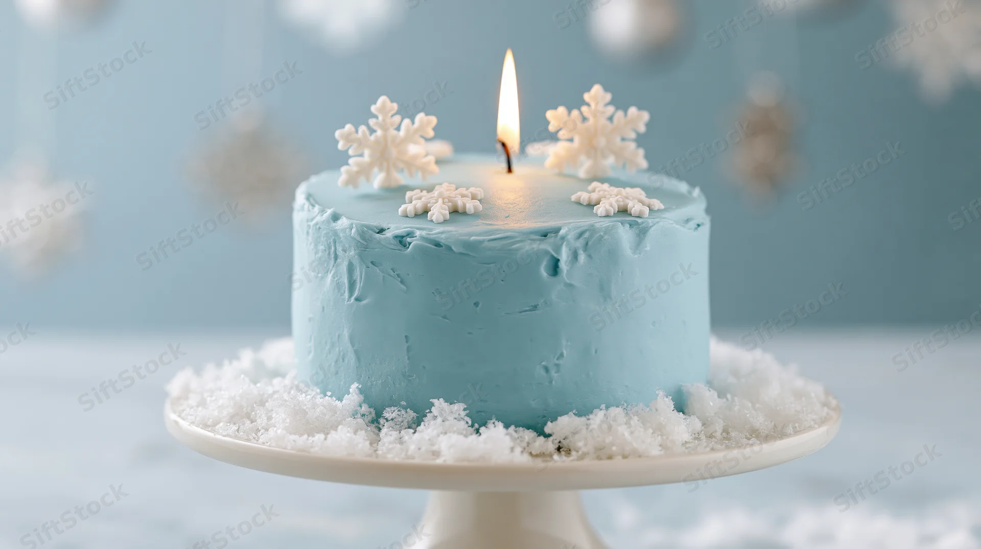 Small blue fondant cake with lit candle and snowflake decorations on a stand surrounded by artificial snow