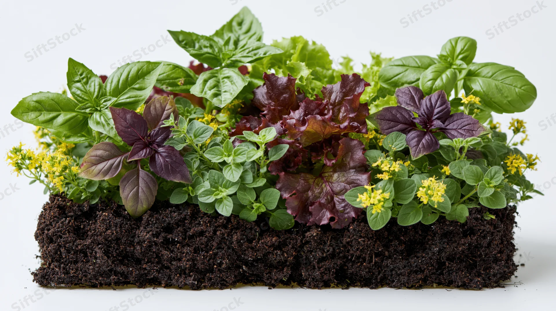 Rectangular garden bed with mixed herbs and flowers growing in soil on white background
