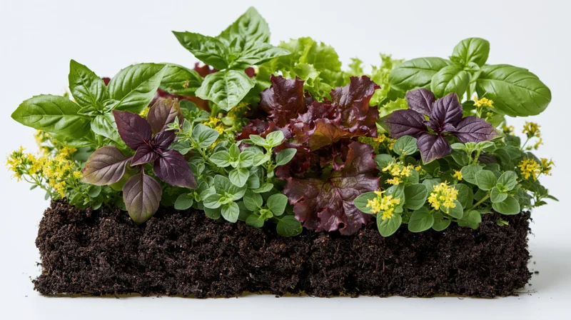 Rectangular garden bed with mixed herbs and flowers growing in soil on white background