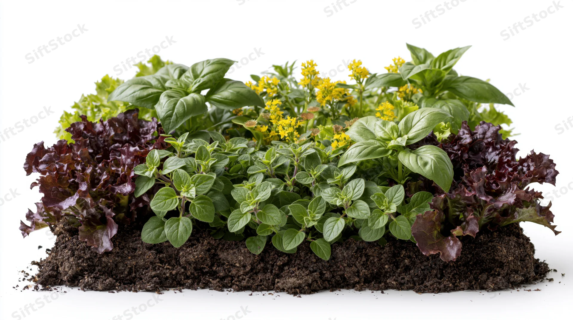 Mixed herbs growing in soil on white background