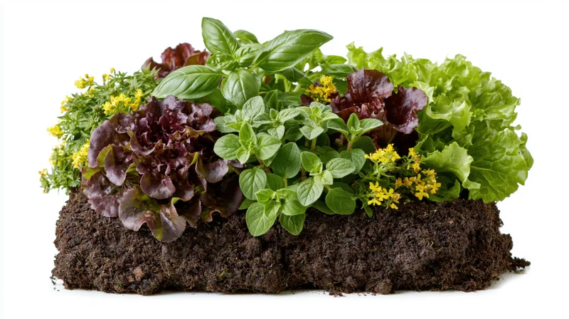 Mixed herbs and leafy greens growing in soil block on white background