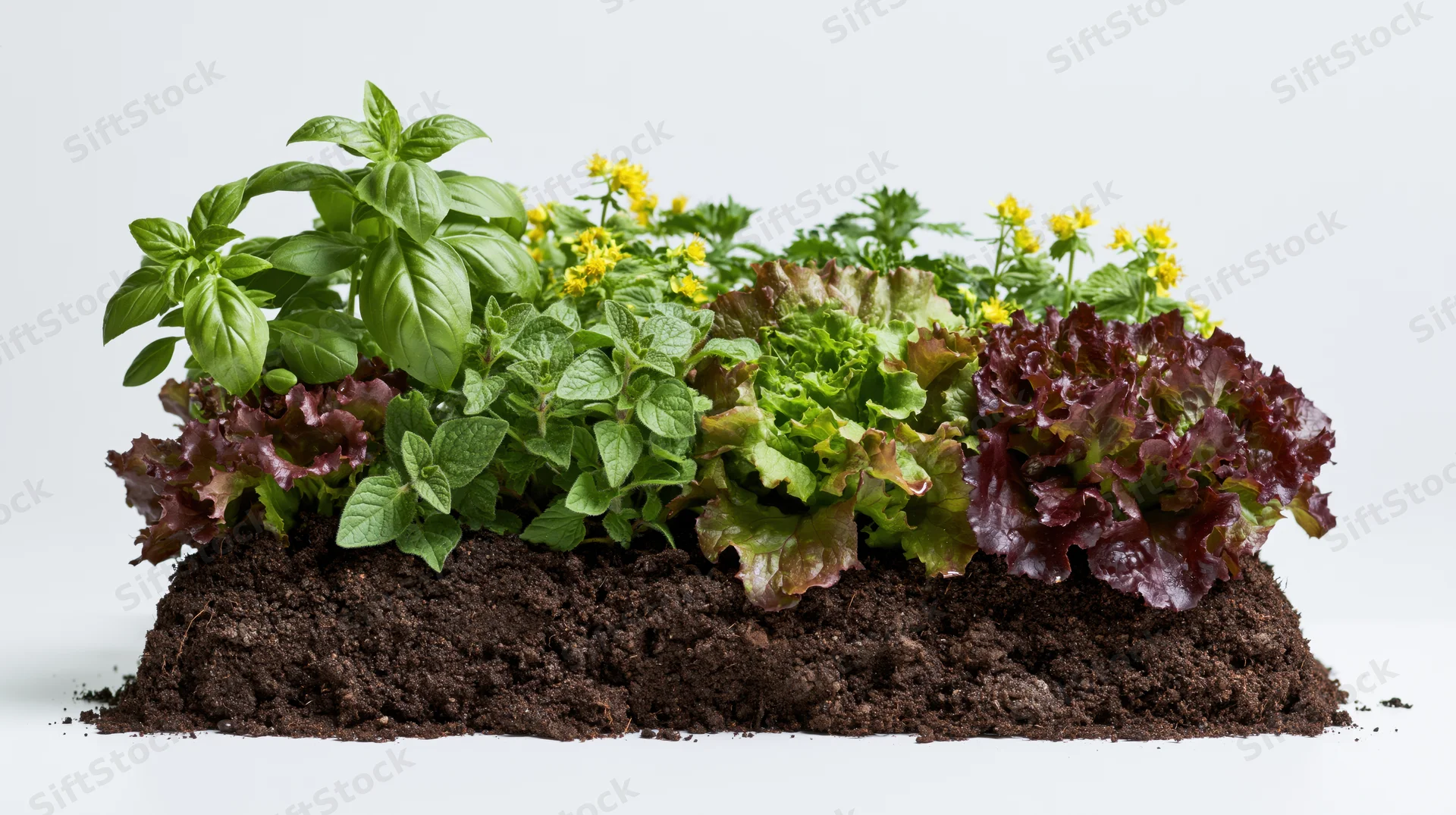 A small rectangular garden bed planted with mixed herbs and leafy greens in soil on a white background