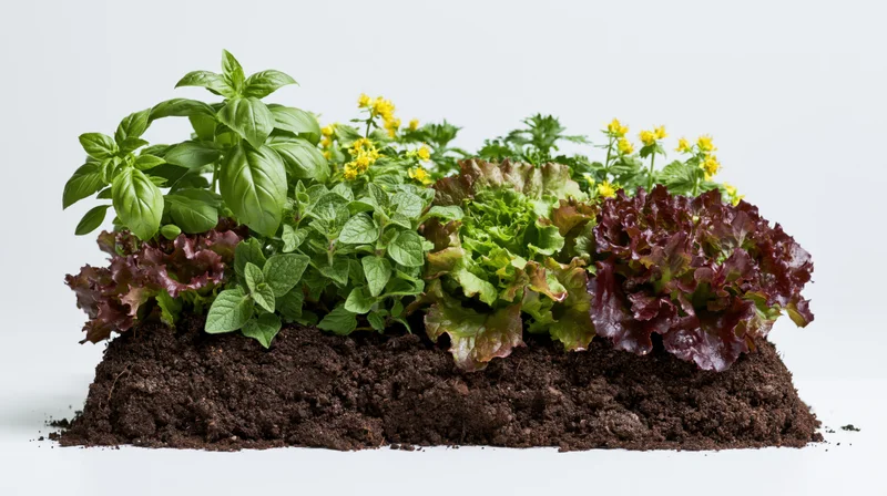 A small rectangular garden bed planted with mixed herbs and leafy greens in soil on a white background