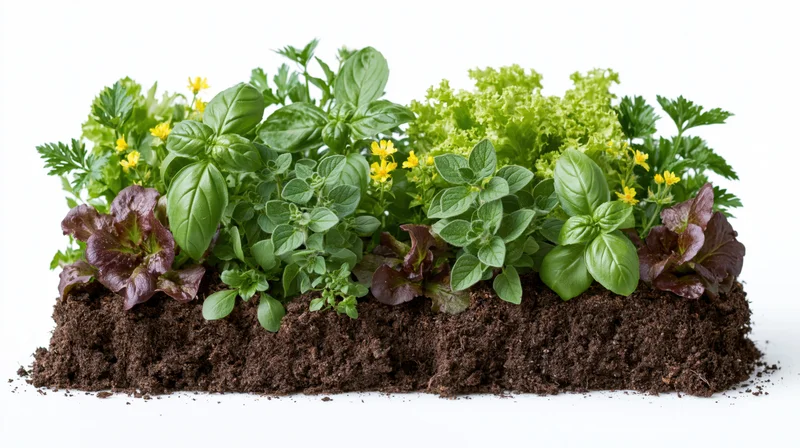 A small rectangular garden bed filled with fresh herbs and leafy greens planted in soil against a white background