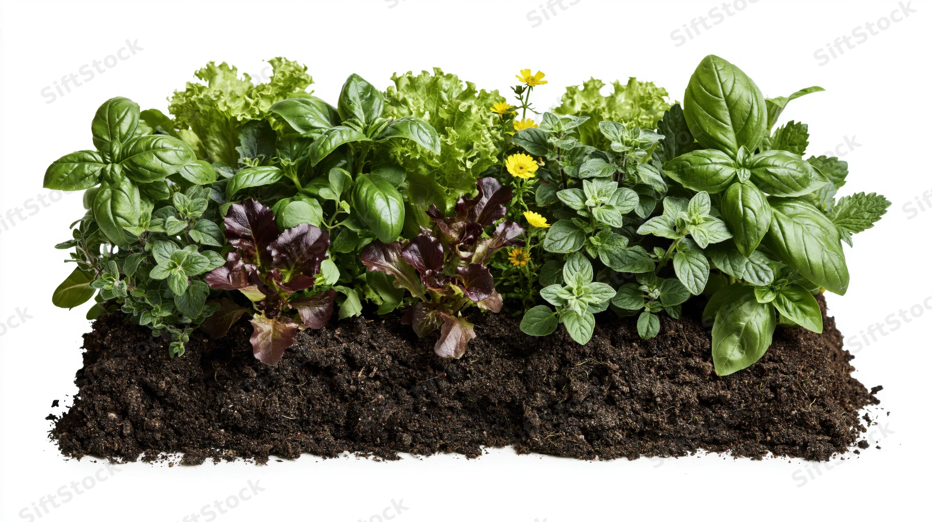 A small rectangular garden bed with various herbs and leafy vegetables growing in dark soil against a white background