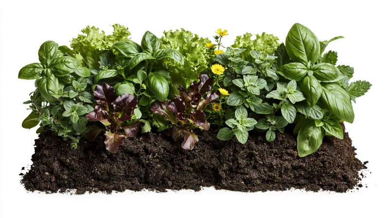A small rectangular garden bed with various herbs and leafy vegetables growing in dark soil against a white background