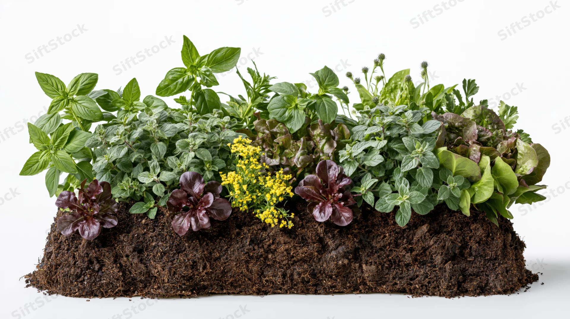 A small rectangular garden bed filled with various herbs and leafy greens growing in soil against a white background