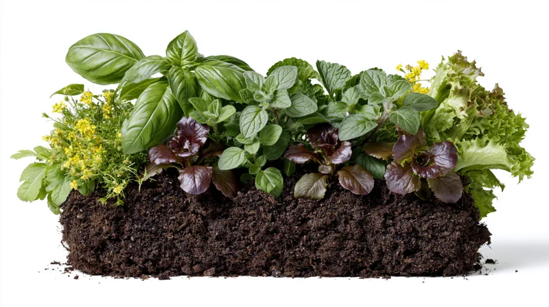 Rectangular garden bed filled with fresh herbs and leafy vegetables growing in dark soil against white background