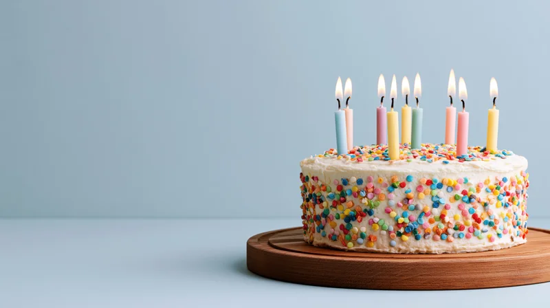 Round white frosted birthday cake with lit candles and colorful sprinkles on wooden platter