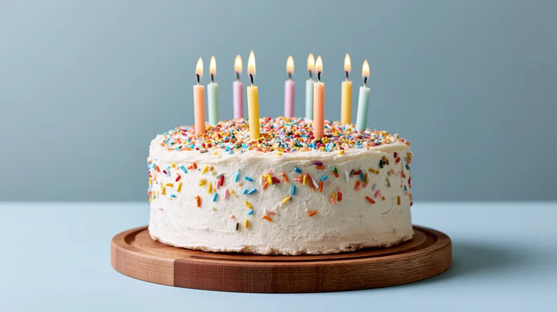 Round white frosted birthday cake with lit candles and colorful sprinkles on wooden tray against blue background