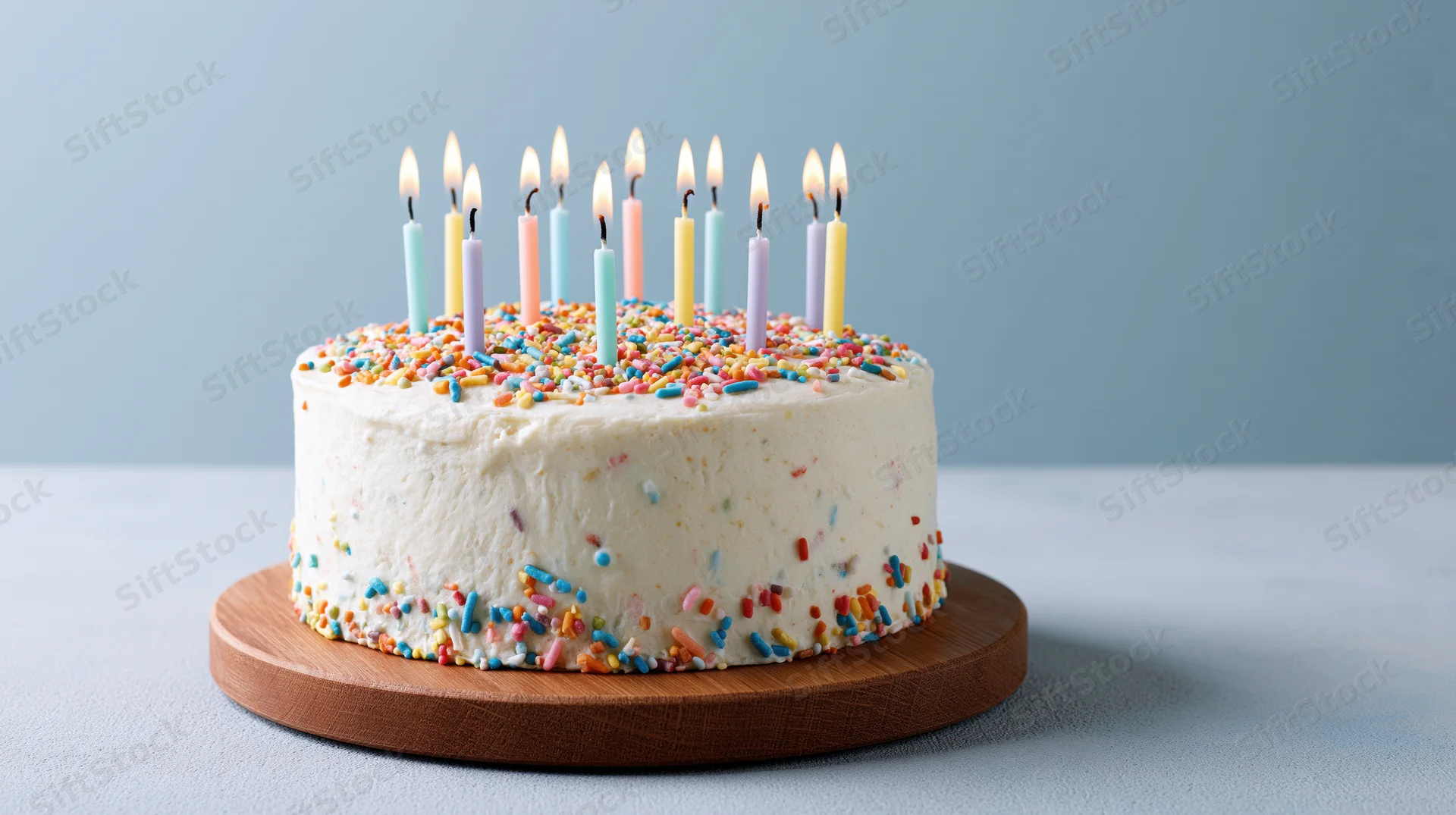 Round white frosted birthday cake with colorful sprinkles and lit candles on wooden platter