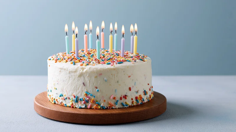 Round white frosted birthday cake with colorful sprinkles and lit candles on wooden platter