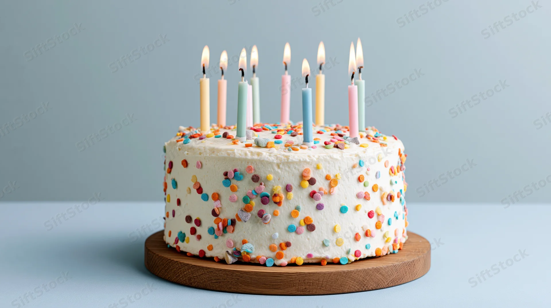 Round white frosted birthday cake with lit pastel candles and colorful sprinkles on wooden stand