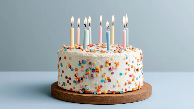 Round white frosted birthday cake with lit pastel candles and colorful sprinkles on wooden stand