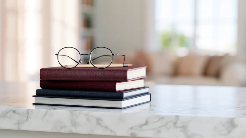 Stack of hardcover books with round wire-frame glasses on a marble countertop in a bright living room