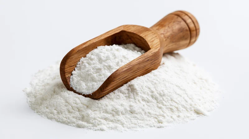 Wooden scoop filled with white flour resting on a mound of powder against a plain white background
