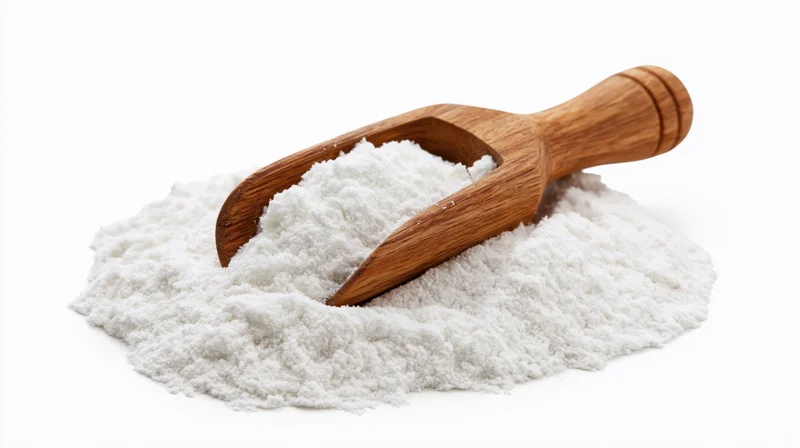 Wooden scoop resting on a mound of white flour against a plain white background